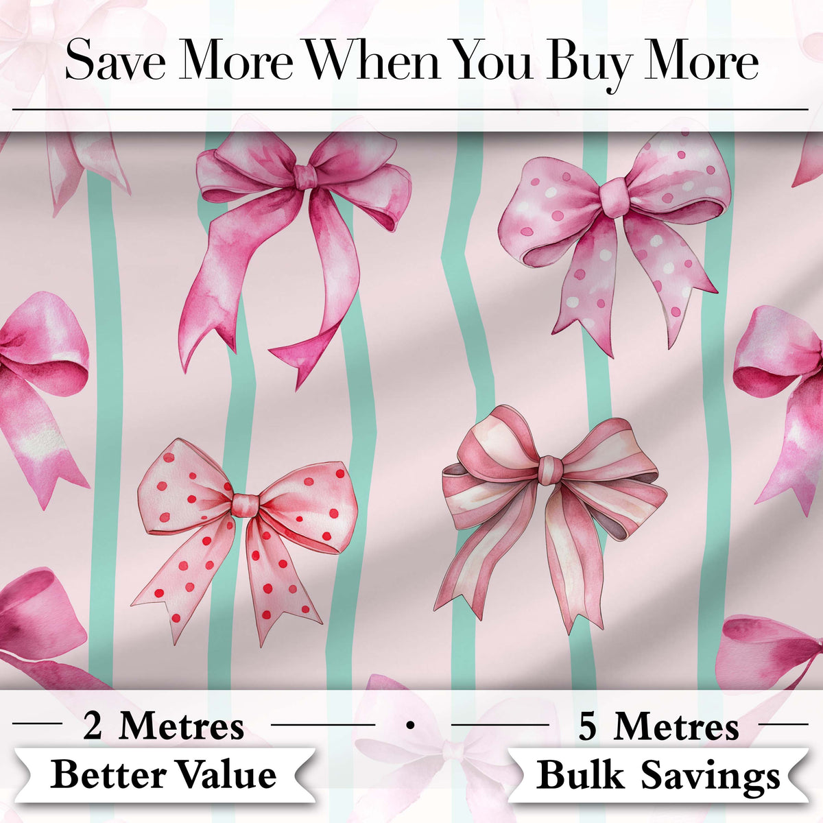 Watercolor Pink Ribbon Bow Seamless Pattern with Soft Blue Stripes Digital Print Material by the Metre UK Sewing Quilting Textile