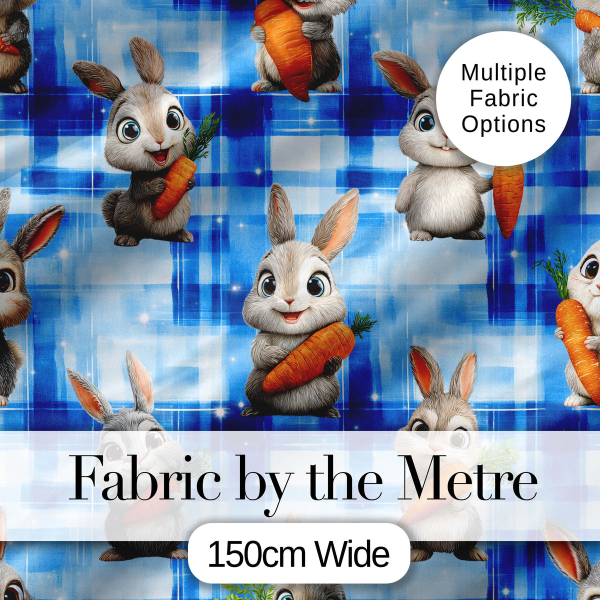 Watercolor Bunny Floral Meadow Seamless Pattern on Soft Blue Lovely Digital Print Material by the Metre UK Sewing Quilting Textile