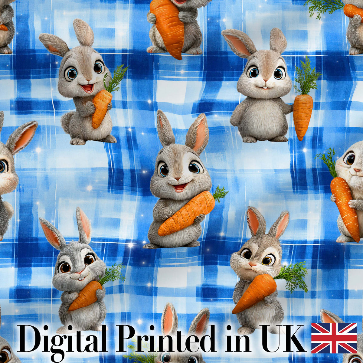 Watercolor Bunny Floral Meadow Seamless Pattern on Soft Blue Lovely Digital Print Material by the Metre UK Sewing Quilting Textile