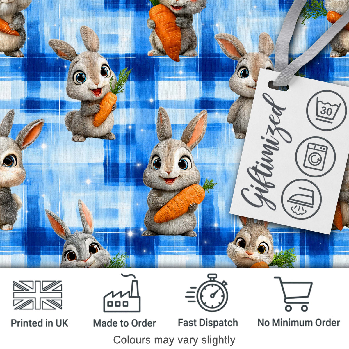 Watercolor Bunny Floral Meadow Seamless Pattern on Soft Blue Lovely Digital Print Material by the Metre UK Sewing Quilting Textile