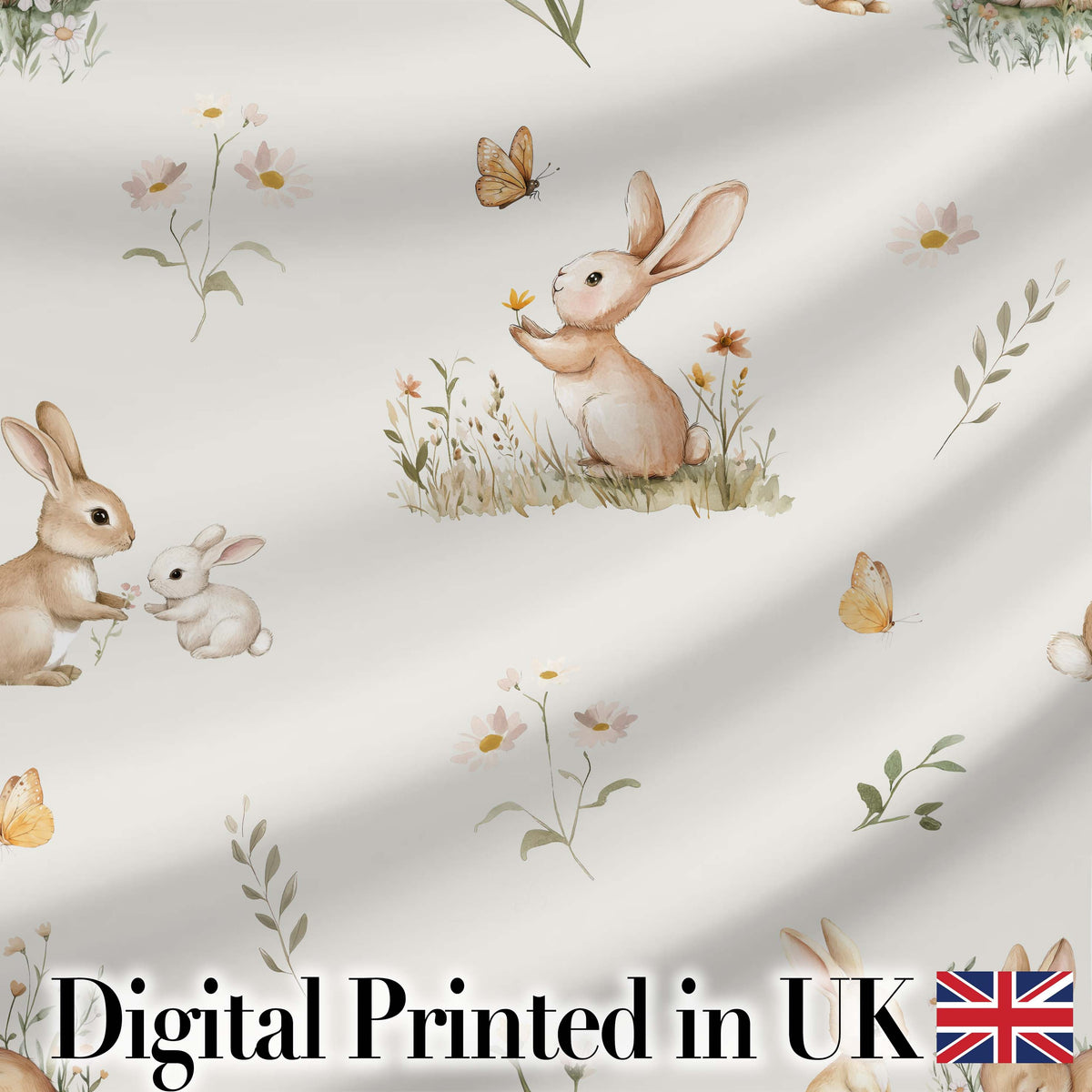 Watercolor Bunny Floral Meadow Blush Pink Seamless Pattern Lovely Digital Print Material by the Metre UK Sewing Quilting Textile