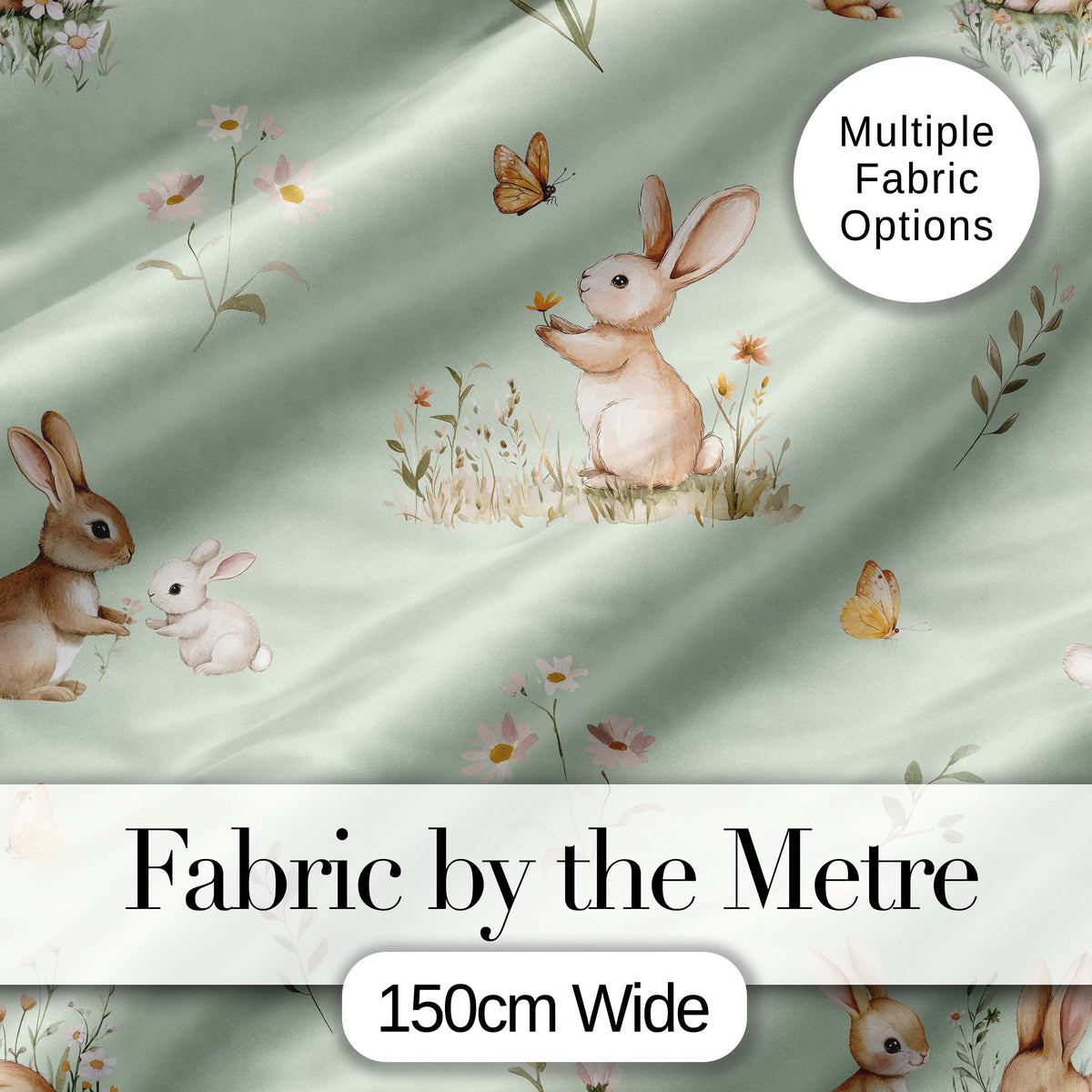 Watercolor Bunny Floral Meadow Light Grey Seamless Pattern Lovely Digital Print Material by the Metre UK Sewing Quilting Textile