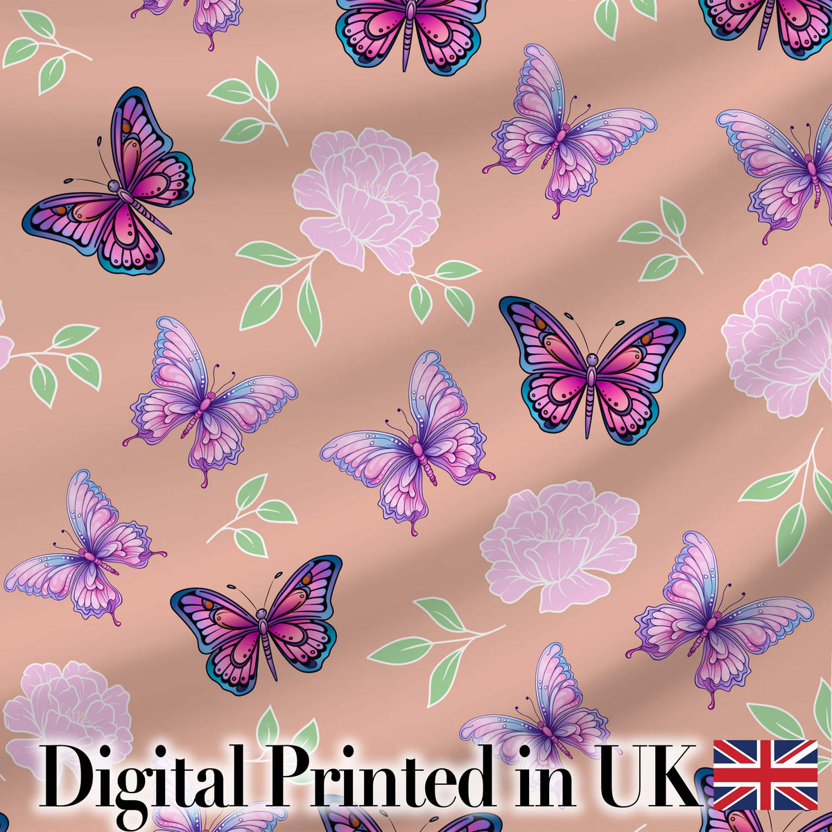 Pink Purple Butterfly Floral Teal Background Seamless Pattern Lovely Digital Print Material by the Metre UK Sewing Quilting Textile