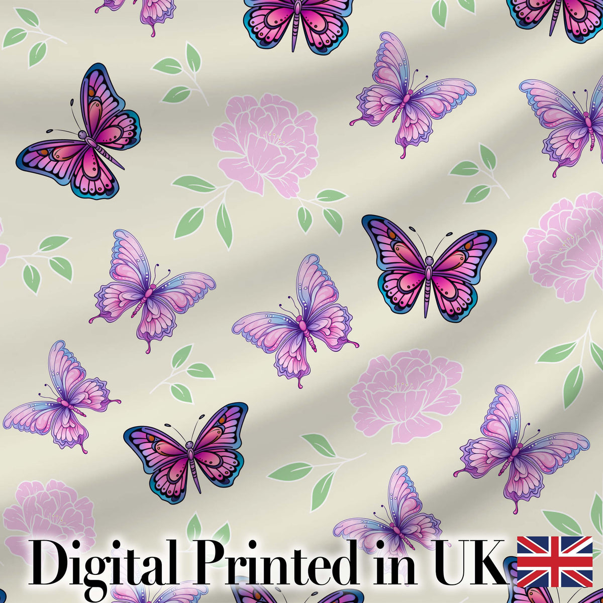Pink Purple Butterfly Floral Soft Pink Background Seamless Pattern Digital Print Material by the Metre UK Sewing Quilting Textile