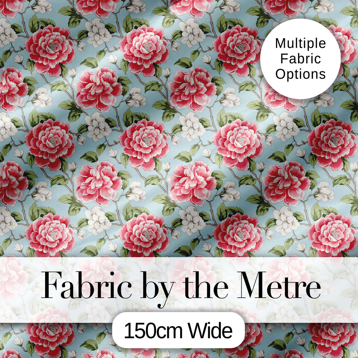 Vintage Red Camellia Botanical Cream Background Seamless Pattern Digital Print Material by the Metre UK Sewing Quilting Textile