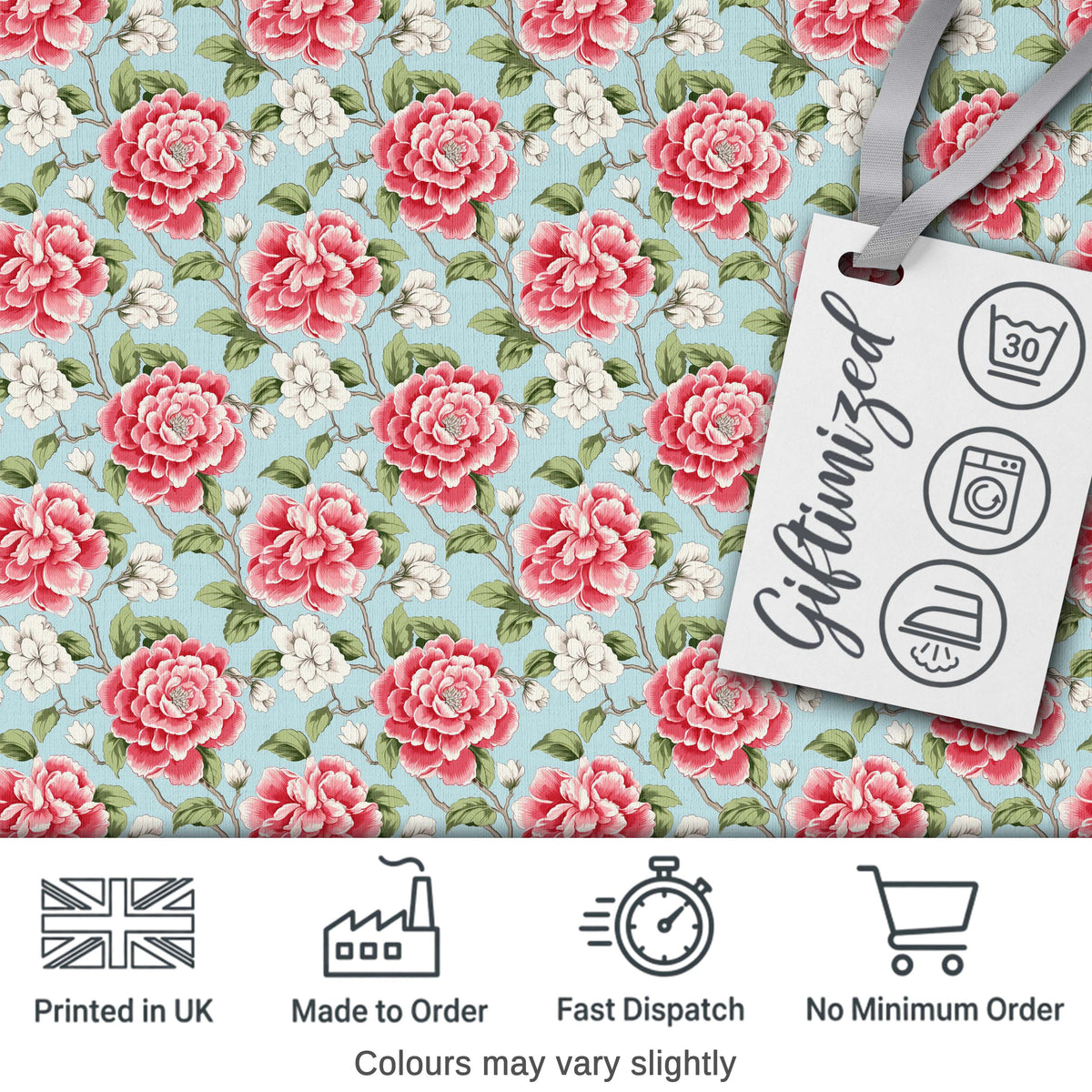 Vintage Red Camellia Botanical Cream Background Seamless Pattern Digital Print Material by the Metre UK Sewing Quilting Textile