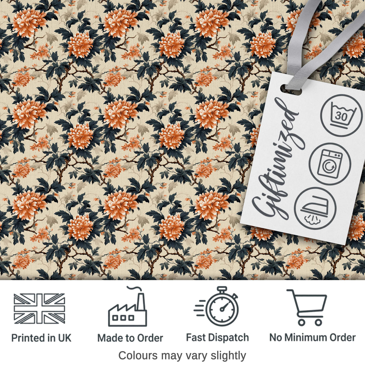 Orange Blue Peony Floral Vintage Botanical Seamless Pattern Lovely Digital Print Material by the Metre UK Sewing Quilting Textile
