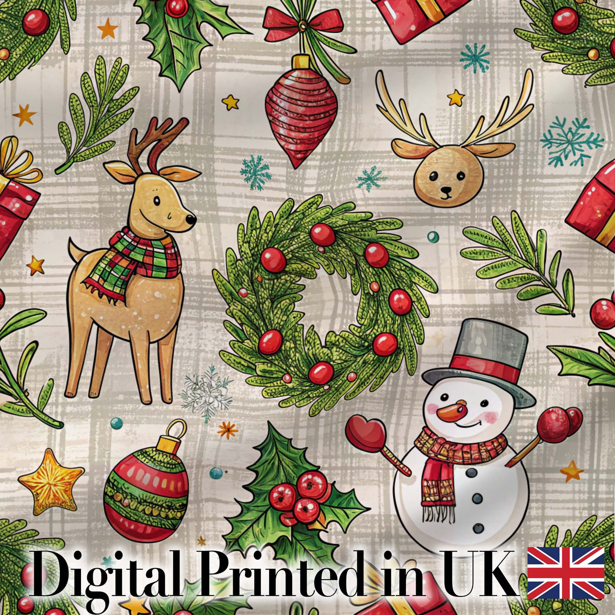 Red Festive Christmas Tree Reindeer Snowman Seamless Pattern Lovely Digital Print Material by the Metre UK Sewing Quilting Textile