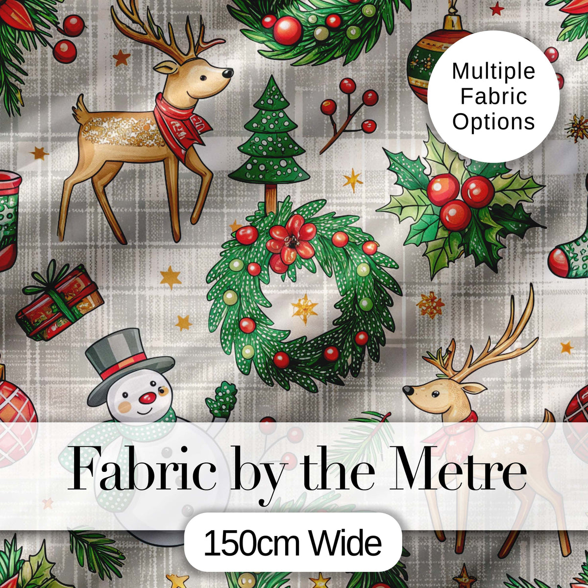 Christmas Plaid Snowman Reindeer Festive Seamless Pattern Lovely Digital Print Material by the Metre UK Sewing Quilting Textile