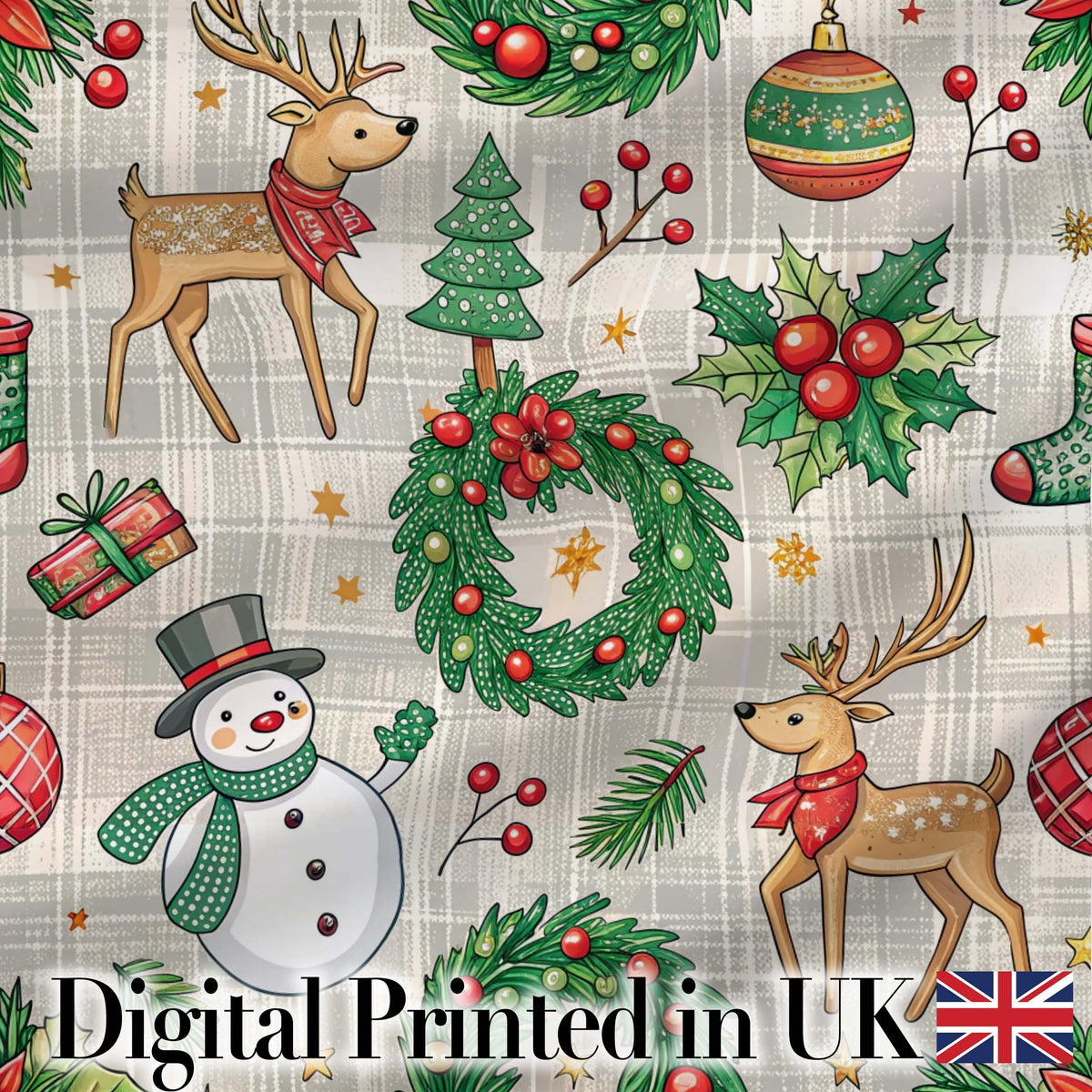 Christmas Plaid Snowman Reindeer Festive Seamless Pattern Lovely Digital Print Material by the Metre UK Sewing Quilting Textile