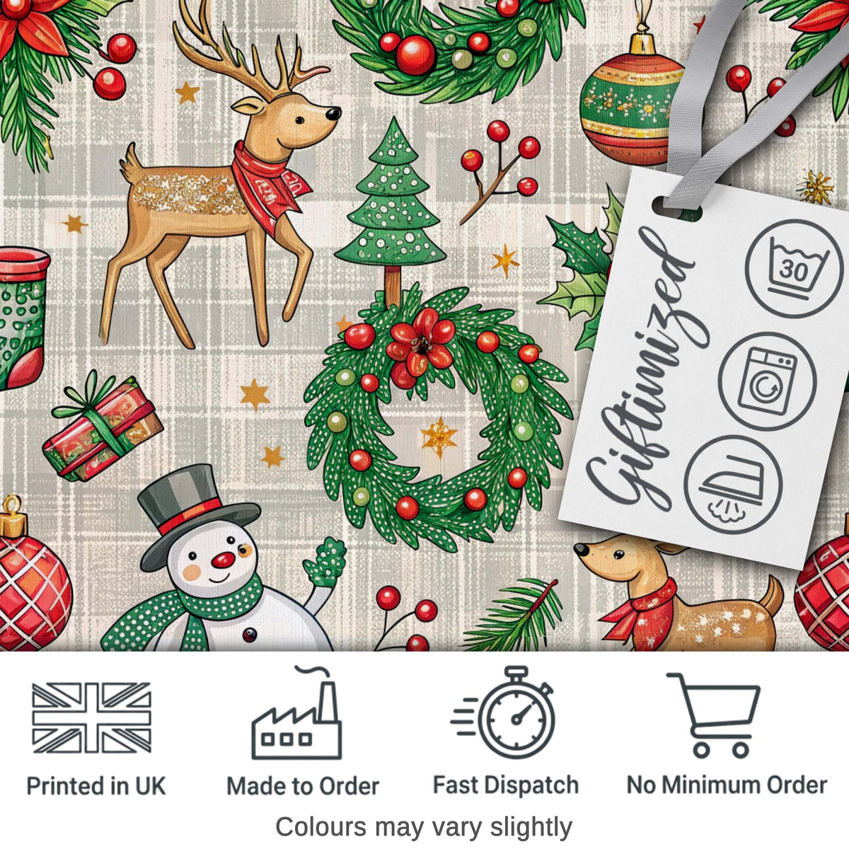 Christmas Plaid Snowman Reindeer Festive Seamless Pattern Lovely Digital Print Material by the Metre UK Sewing Quilting Textile