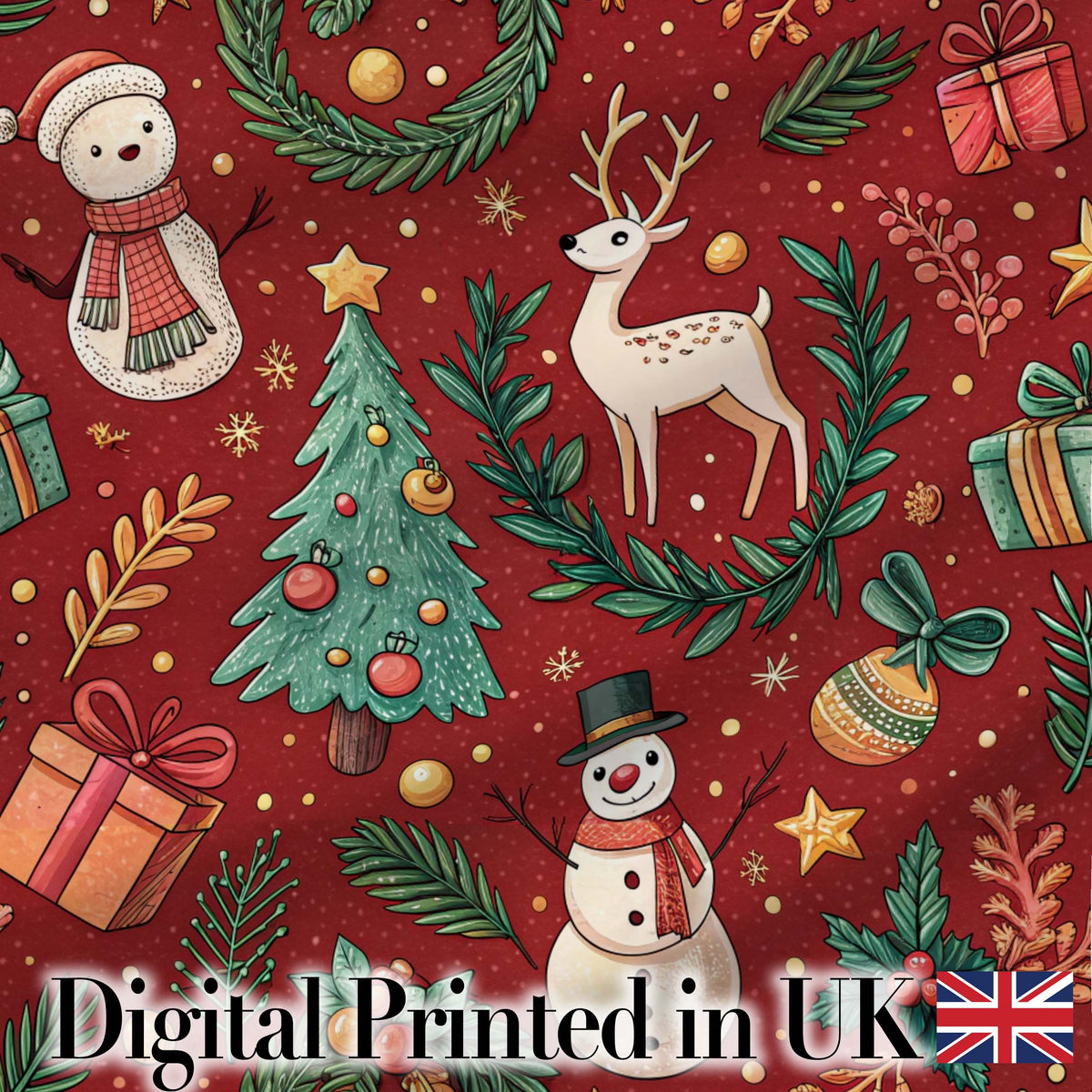 Christmas Candy Cane Baubles Stars Green Festive Seamless Pattern Digital Print Material by the Metre UK Sewing Quilting Textile