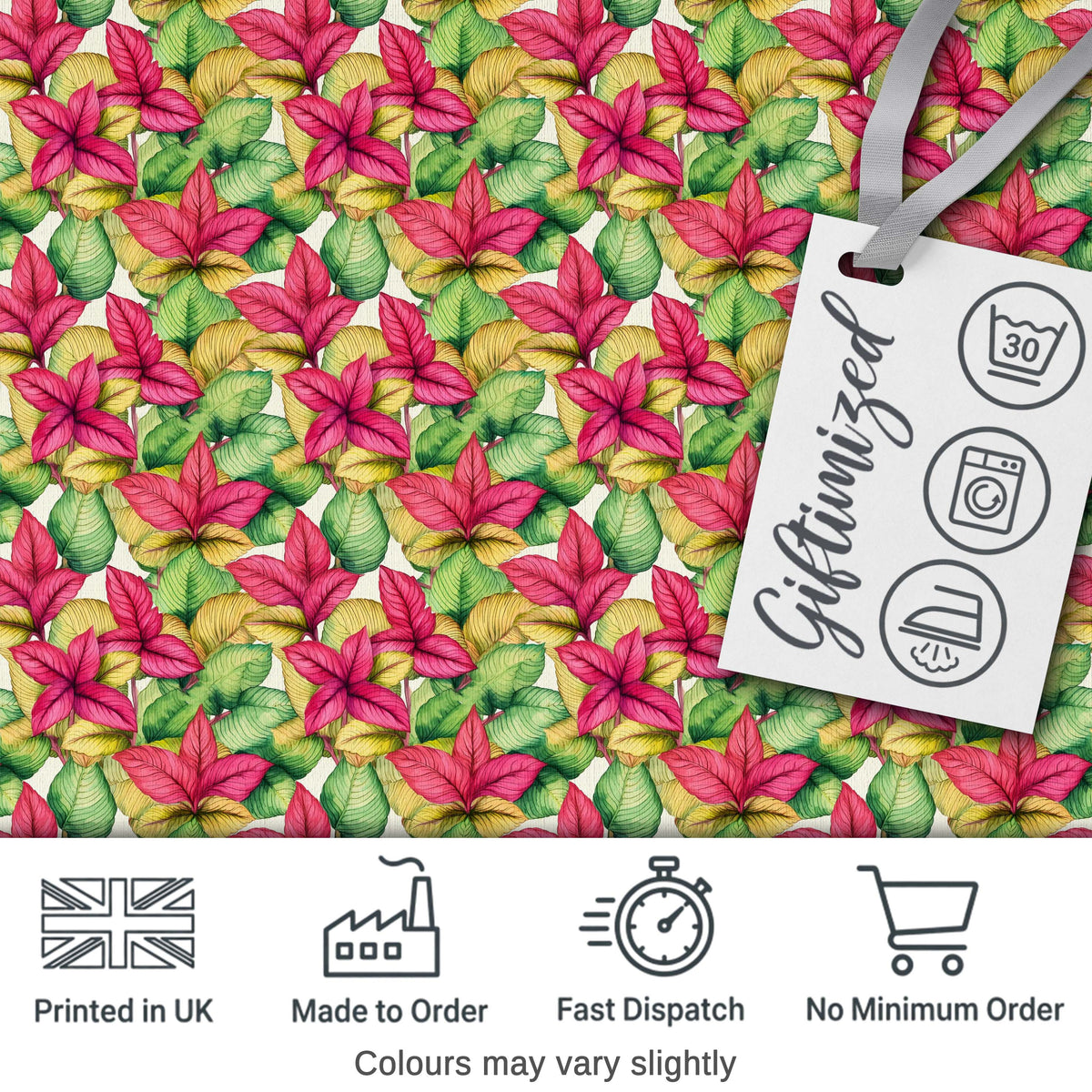 Red Green Botanical Leaves Vintage Seamless Pattern Cute Unique Gift Digital Print Material by the Metre UK Sewing Quilting Textile