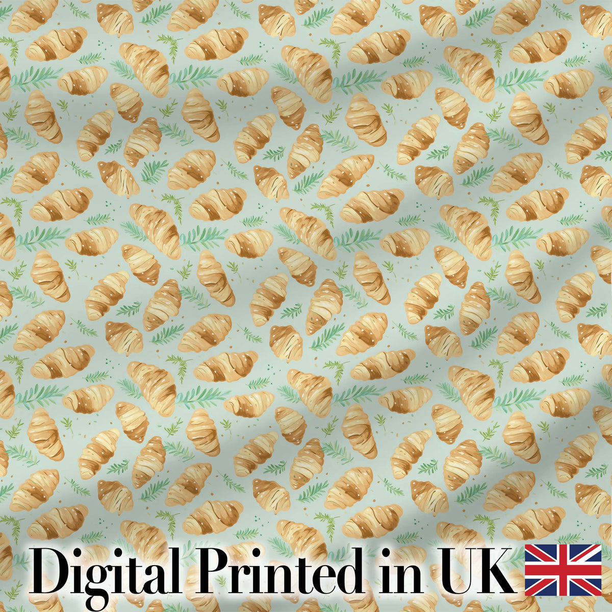 Watercolor Croissant Pastry Soft Blue Artistic Seamless Pattern Digital Print Material by the Metre UK Sewing Quilting Textile
