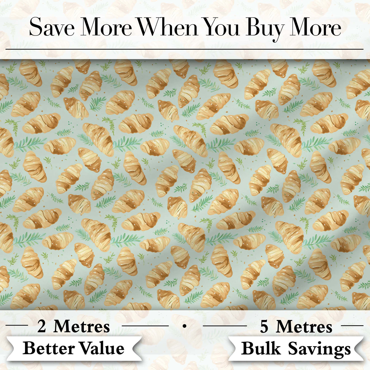 Watercolor Croissant Pastry Soft Blue Artistic Seamless Pattern Digital Print Material by the Metre UK Sewing Quilting Textile