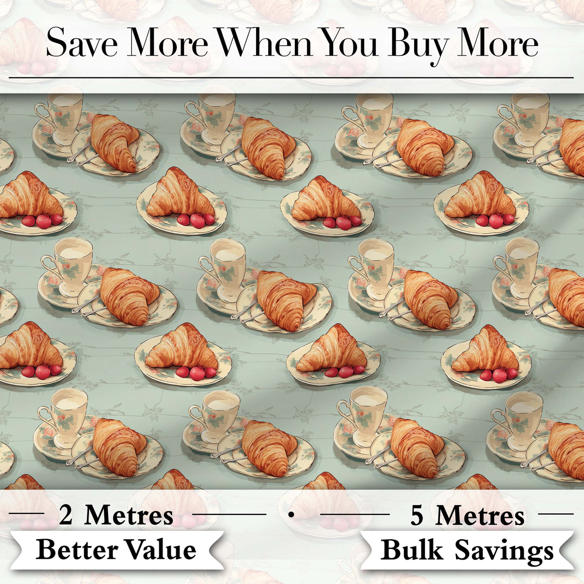 Vintage Croissant Coffee Cup Classic French Breakfast Illustration Digital Print Material by the Metre UK Sewing Quilting Textile