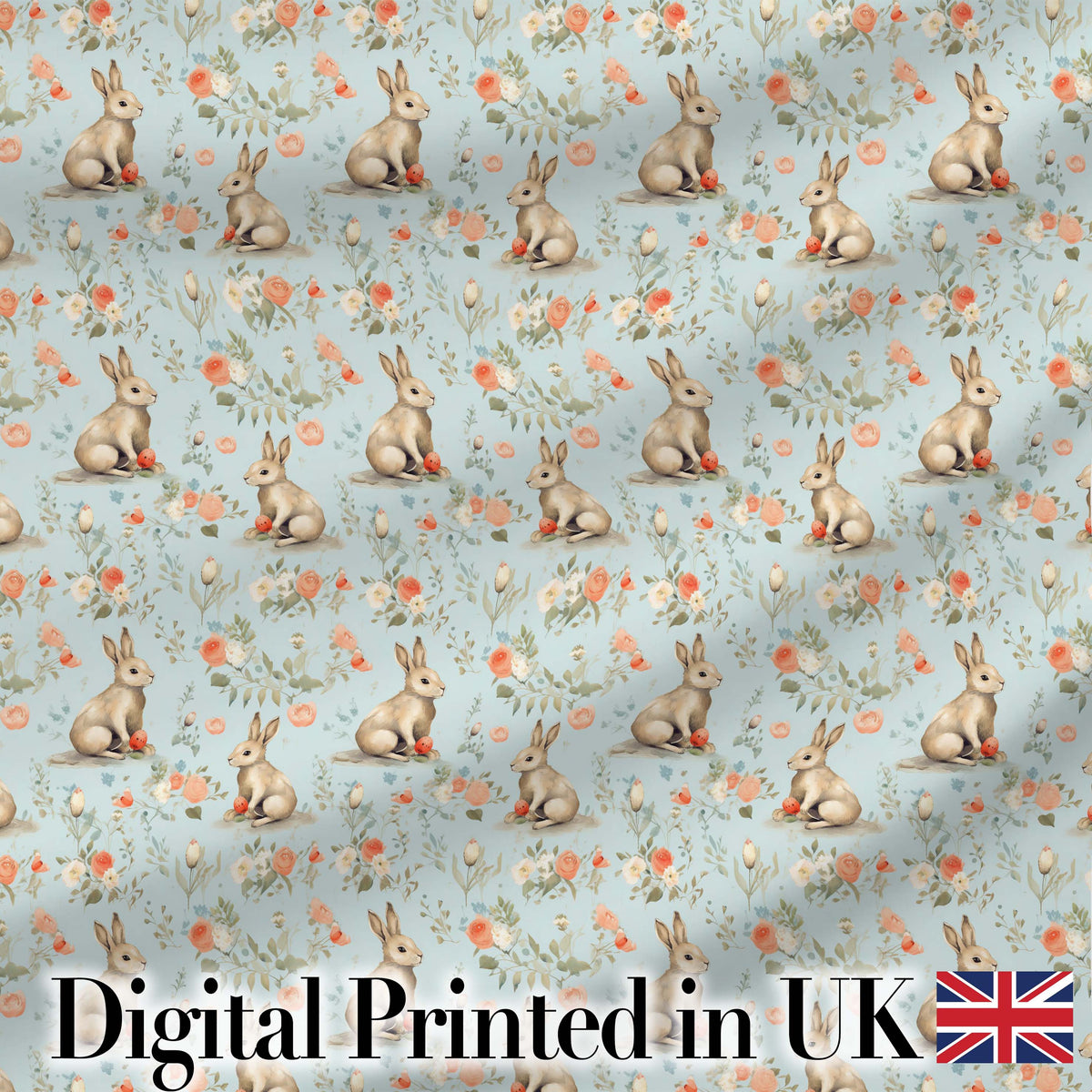 Vintage Style Brown Rabbit Garden Illustration Seamless Pattern Digital Print Material by the Metre UK Sewing Quilting Textile