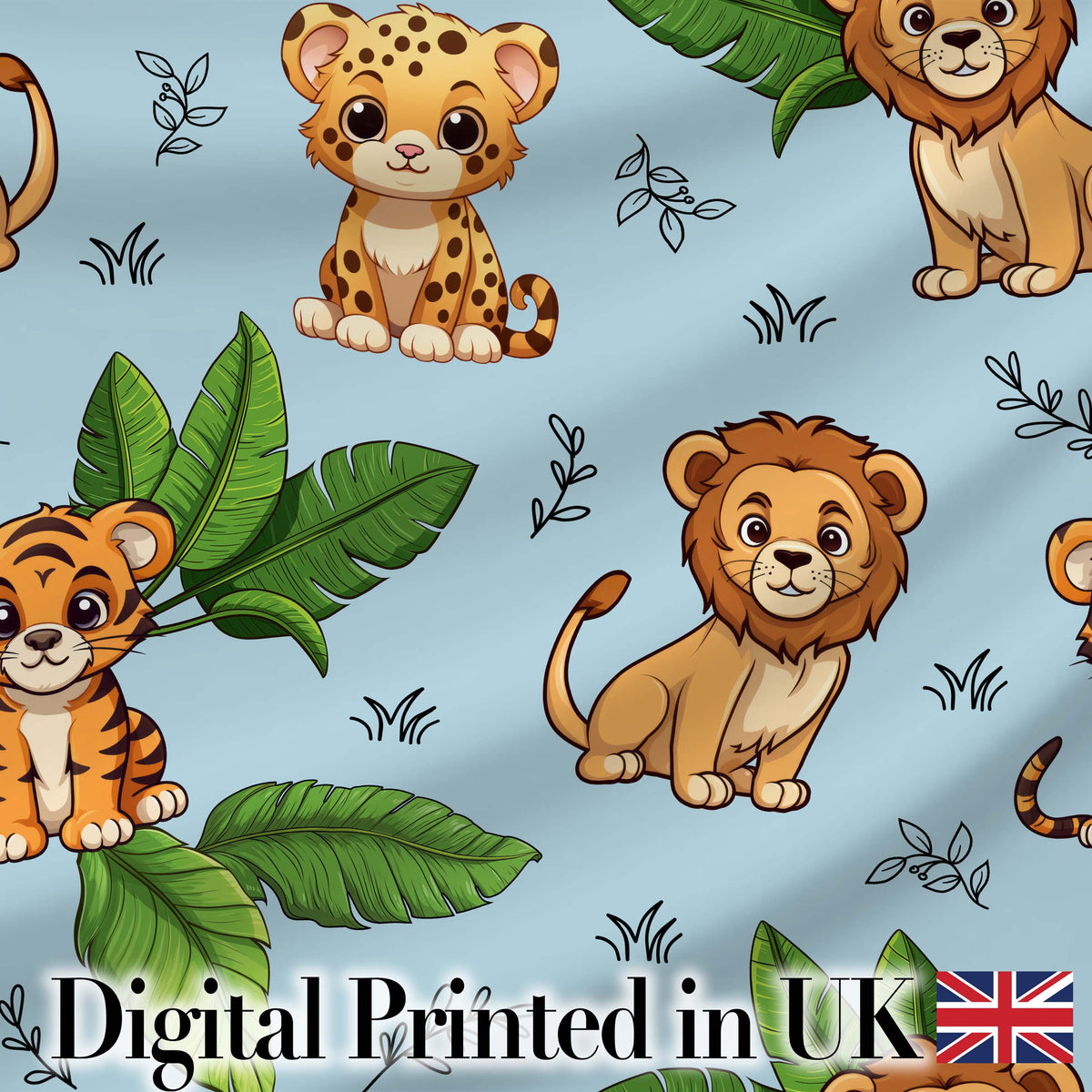 Cute Jungle Animals Lion Tiger Leopard Teal Background Tropical Digital Print Material by the Metre UK Sewing Quilting Textile