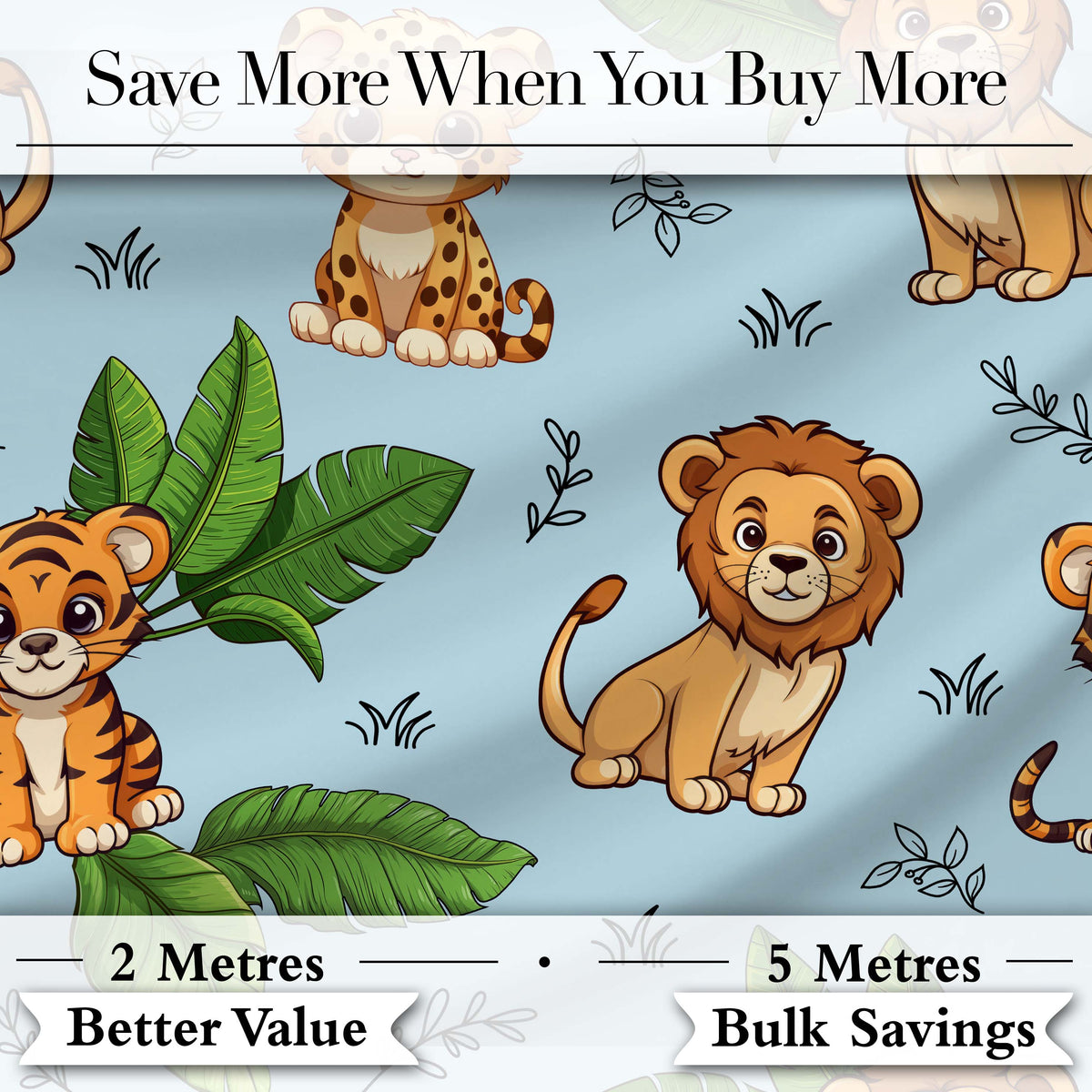 Cute Jungle Animals Lion Tiger Leopard Teal Background Tropical Digital Print Material by the Metre UK Sewing Quilting Textile
