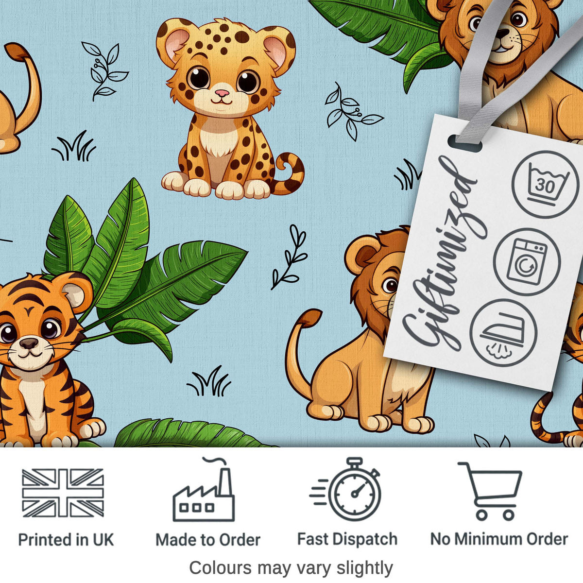 Cute Jungle Animals Lion Tiger Leopard Teal Background Tropical Digital Print Material by the Metre UK Sewing Quilting Textile