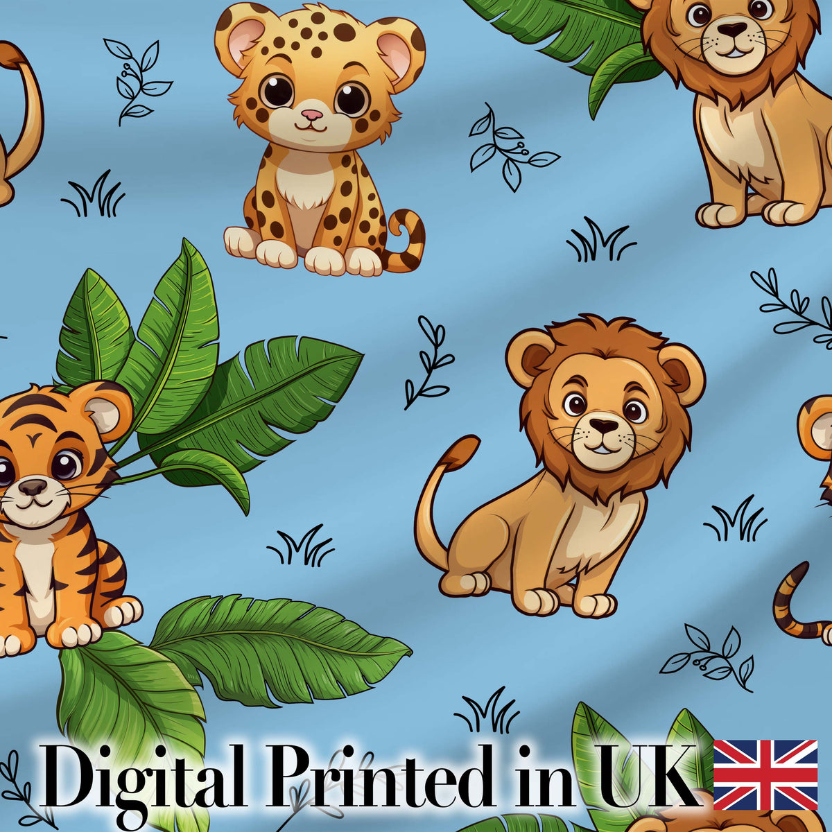 Cute Jungle Animals Lion Tiger Leopard Pink Background Tropical Digital Print Material by the Metre UK Sewing Quilting Textile