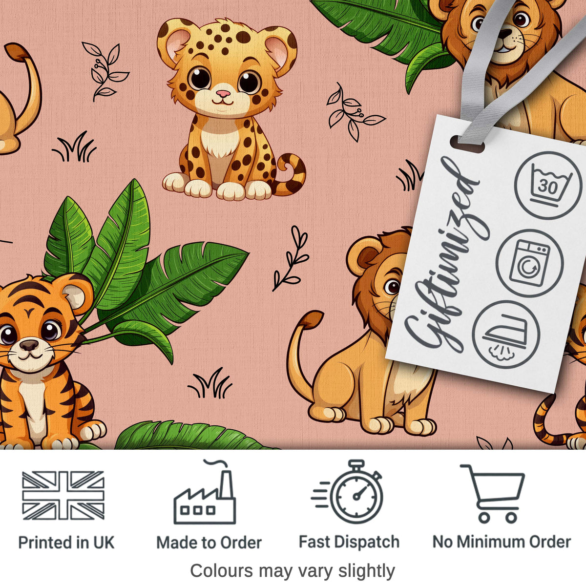 Cute Jungle Animals Lion Tiger Leopard Blush Pink Background Lovely Digital Print Material by the Metre UK Sewing Quilting Textile