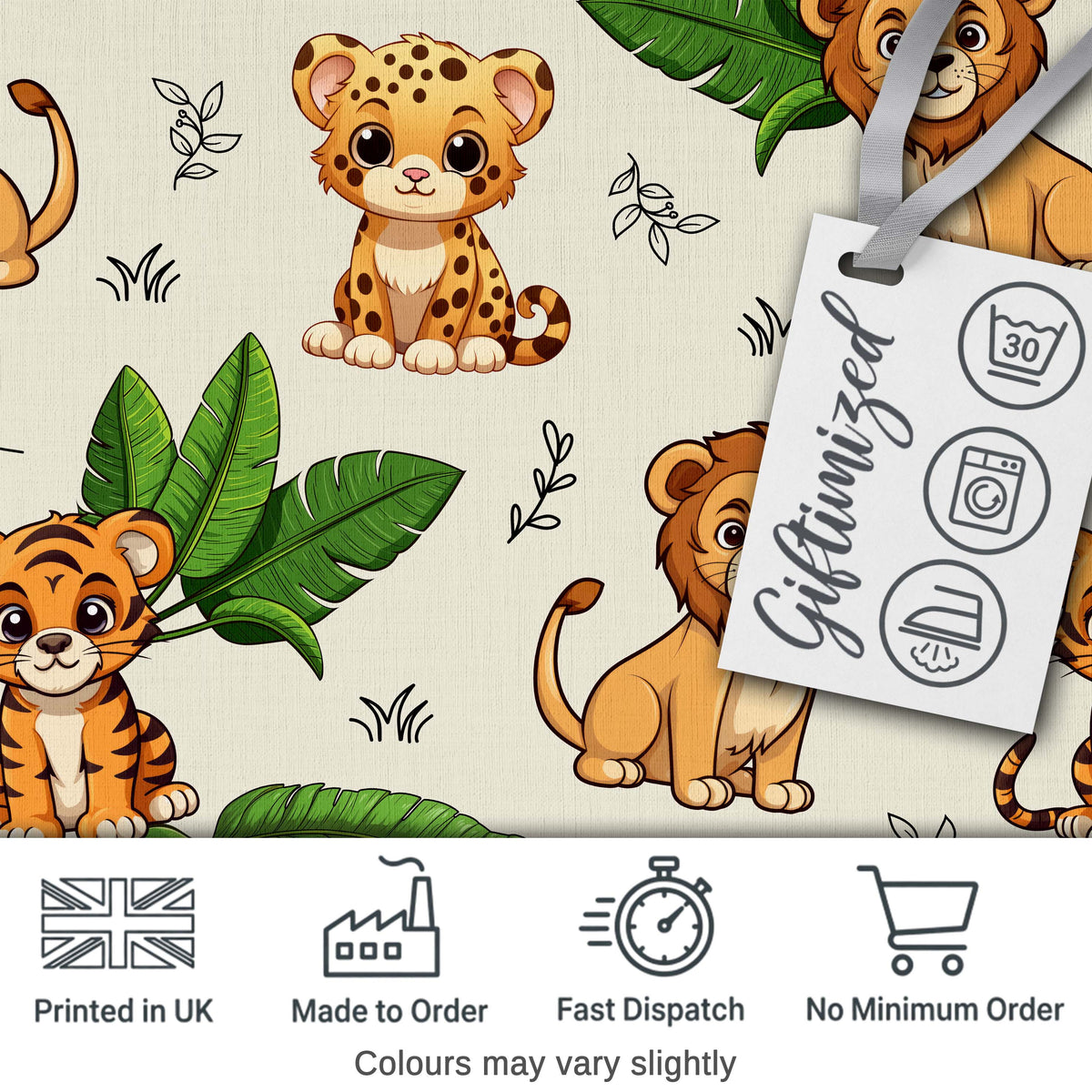 Cute Jungle Animals Lion Tiger Leopard Light Grey Background Lovely Digital Print Material by the Metre UK Sewing Quilting Textile