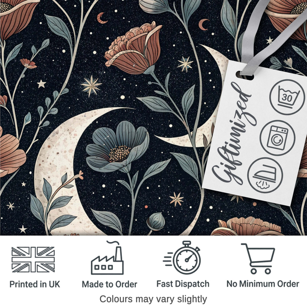 Celestial Botanical Moon Stars Night Sky Leaves Seamless Pattern Digital Print Material by the Metre UK Sewing Quilting Textile
