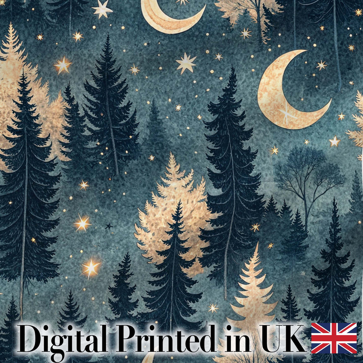 Golden Moon Stars Night Sky Botanical Garden Seamless Pattern Lovely Digital Print Material by the Metre UK Sewing Quilting Textile