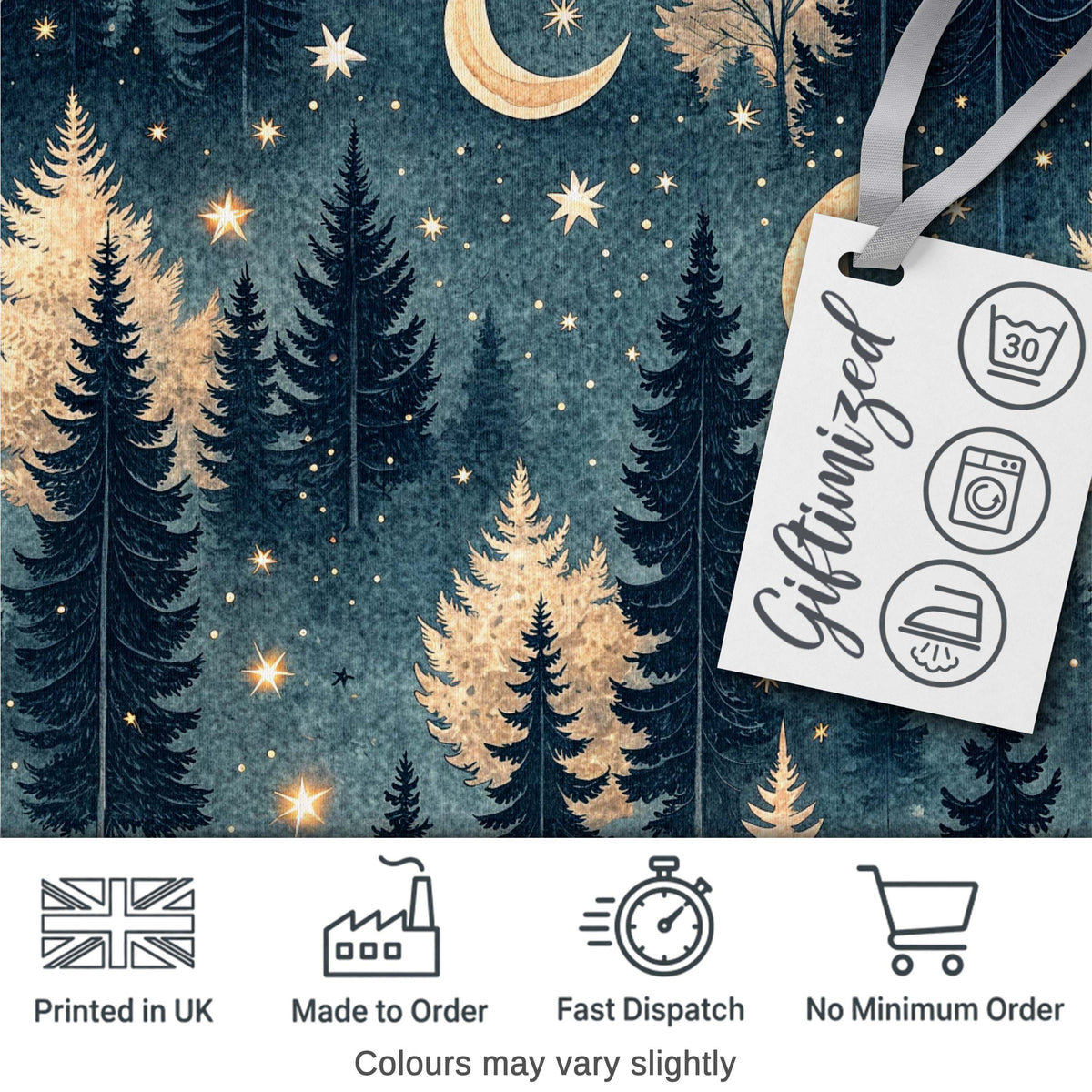 Golden Moon Stars Night Sky Botanical Garden Seamless Pattern Lovely Digital Print Material by the Metre UK Sewing Quilting Textile