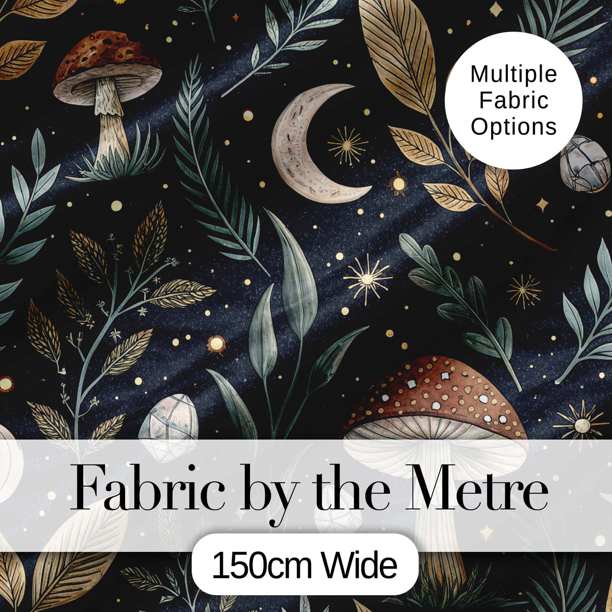 Golden Mushrooml Floral Spiral Stars Night Seamless Pattern Lovely Digital Print Material by the Metre UK Sewing Quilting Textile
