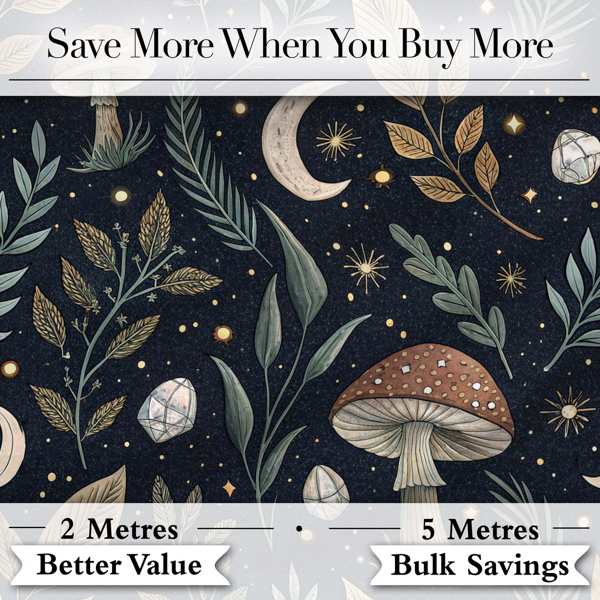 Golden Mushrooml Floral Spiral Stars Night Seamless Pattern Lovely Digital Print Material by the Metre UK Sewing Quilting Textile