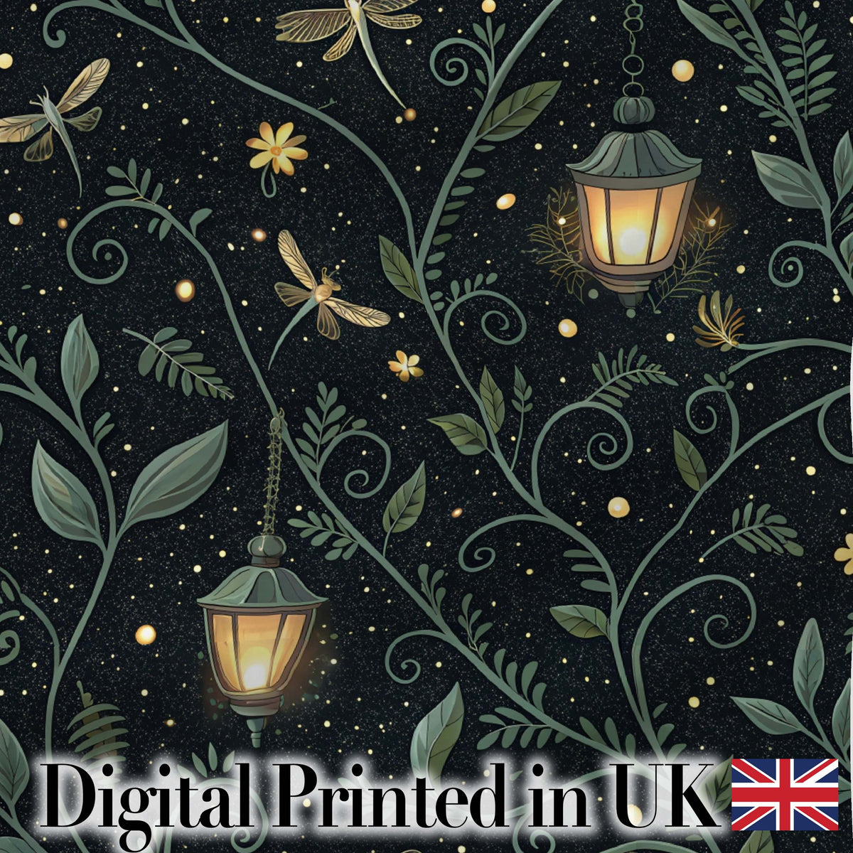 Golden Floral Crescent Moon Night Garden Seamless Pattern Lovely Digital Print Material by the Metre UK Sewing Quilting Textile