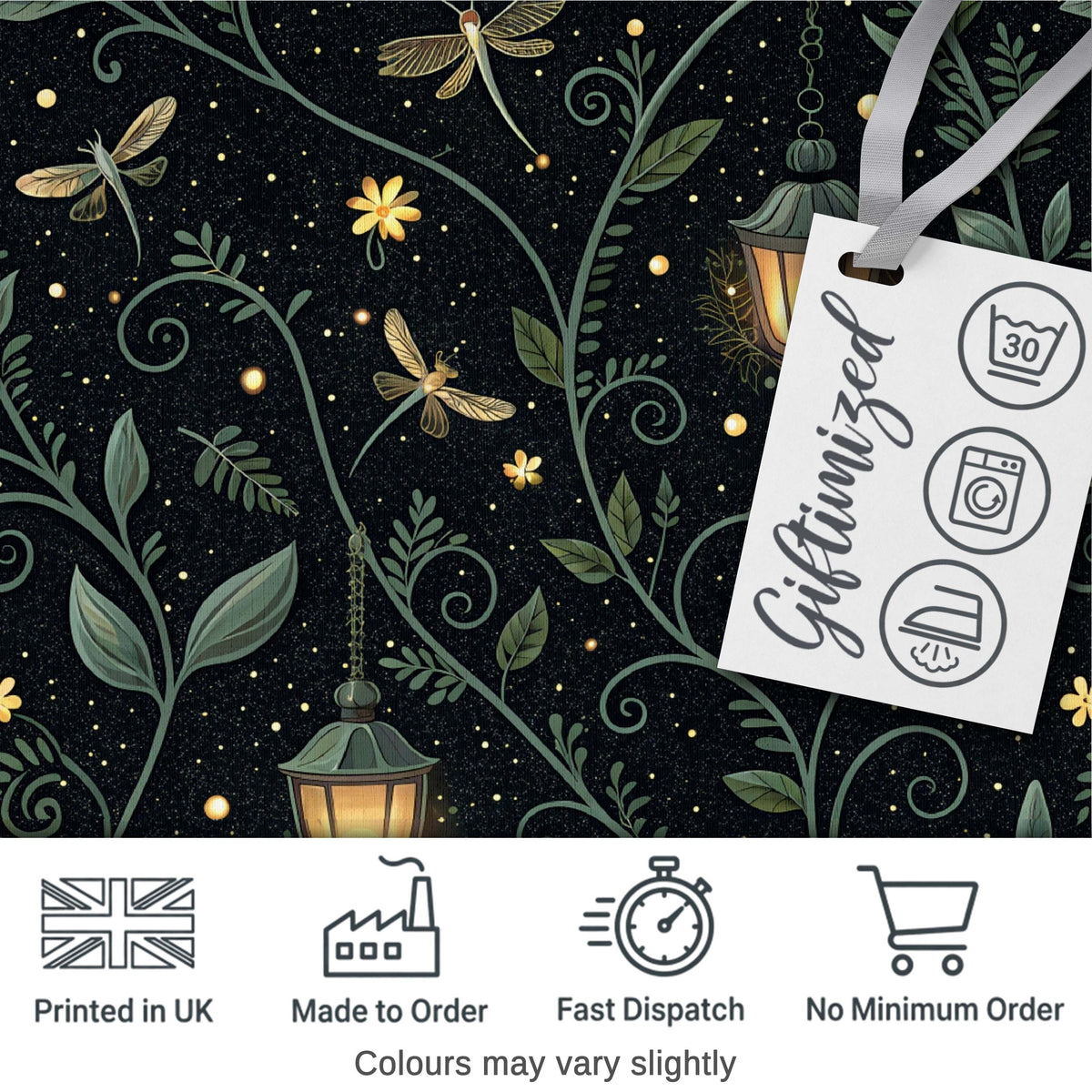 Golden Floral Crescent Moon Night Garden Seamless Pattern Lovely Digital Print Material by the Metre UK Sewing Quilting Textile