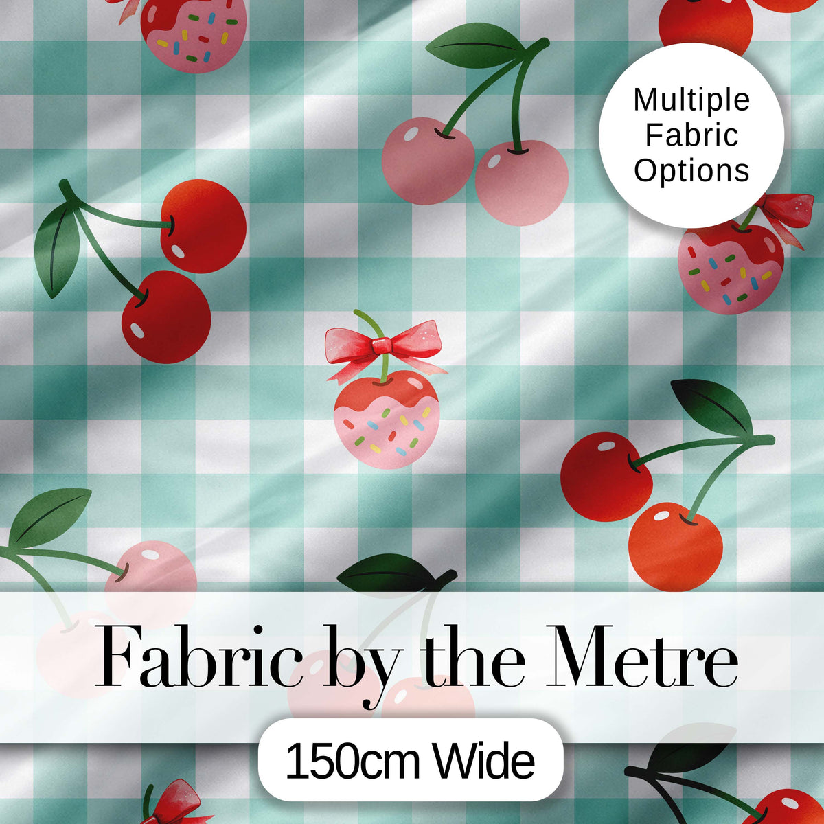 Cherry Fruit Vertical Stripe Green Background Seamless Pattern Digital Print Material by the Metre UK Sewing Quilting Textile