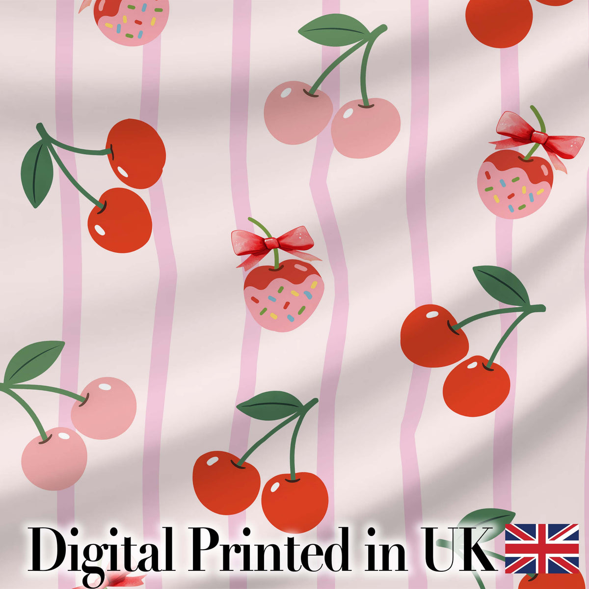 Cherry Bow Ribbon Cute Minimal Black Background Seamless Pattern Digital Print Material by the Metre UK Sewing Quilting Textile