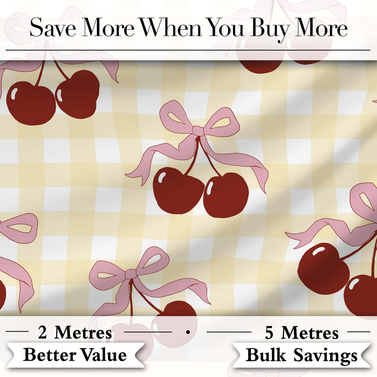 Watercolor Cherry Bow Ribbon Pastel Blue Background Seamless Pattern Digital Print Material by the Metre UK Sewing Quilting Textile