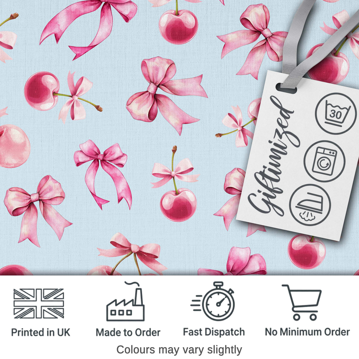 Watercolor Pink Cherry Ribbon Bow Seamless Pattern Soft Neutral Digital Print Material by the Metre UK Sewing Quilting Textile