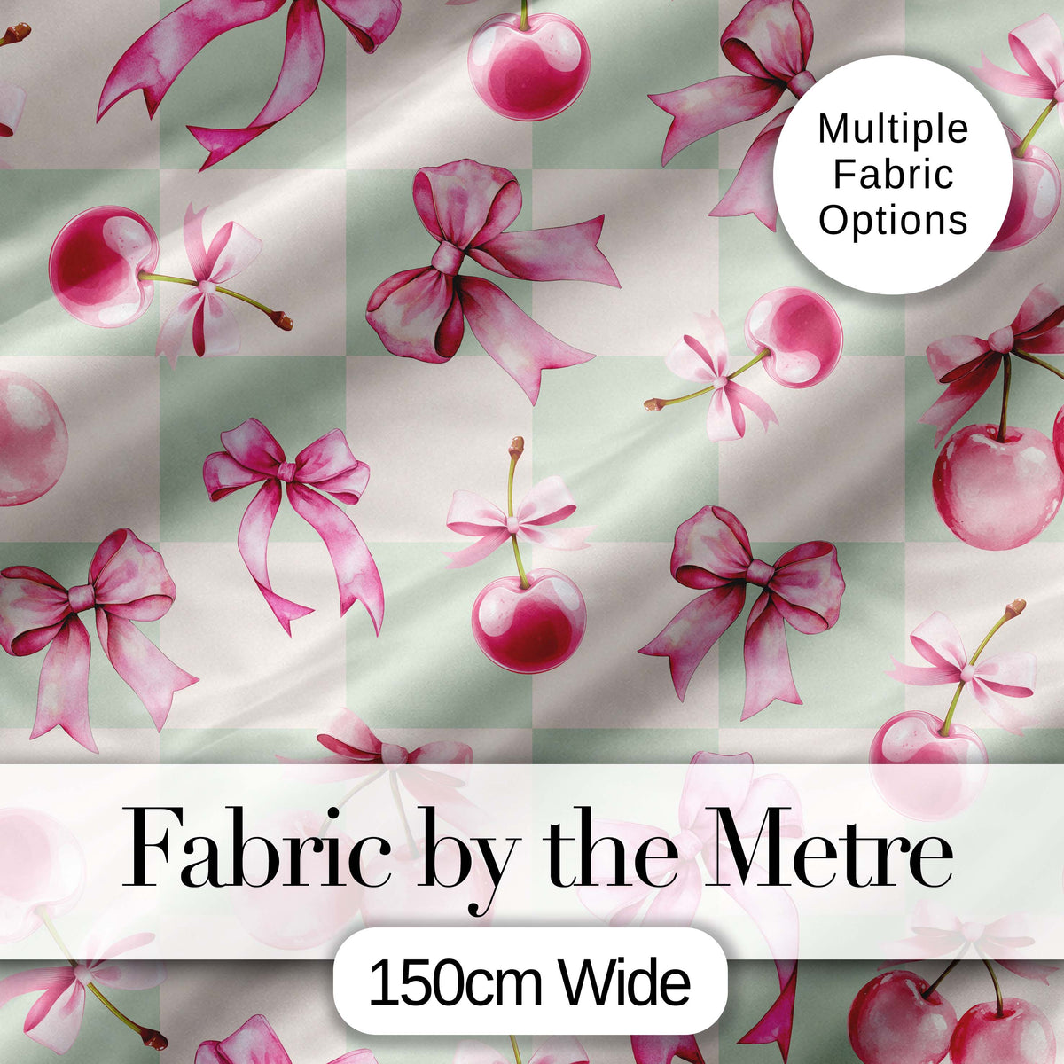 Watercolor Pink Cherry Ribbon Bow Seamless Pattern Soft Pink Stripe Digital Print Material by the Metre UK Sewing Quilting Textile