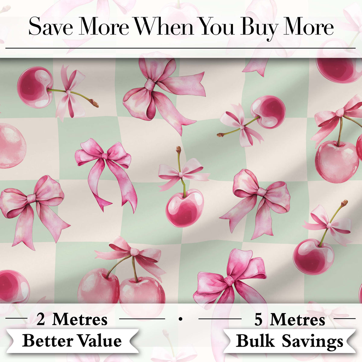 Watercolor Pink Cherry Ribbon Bow Seamless Pattern Soft Pink Stripe Digital Print Material by the Metre UK Sewing Quilting Textile