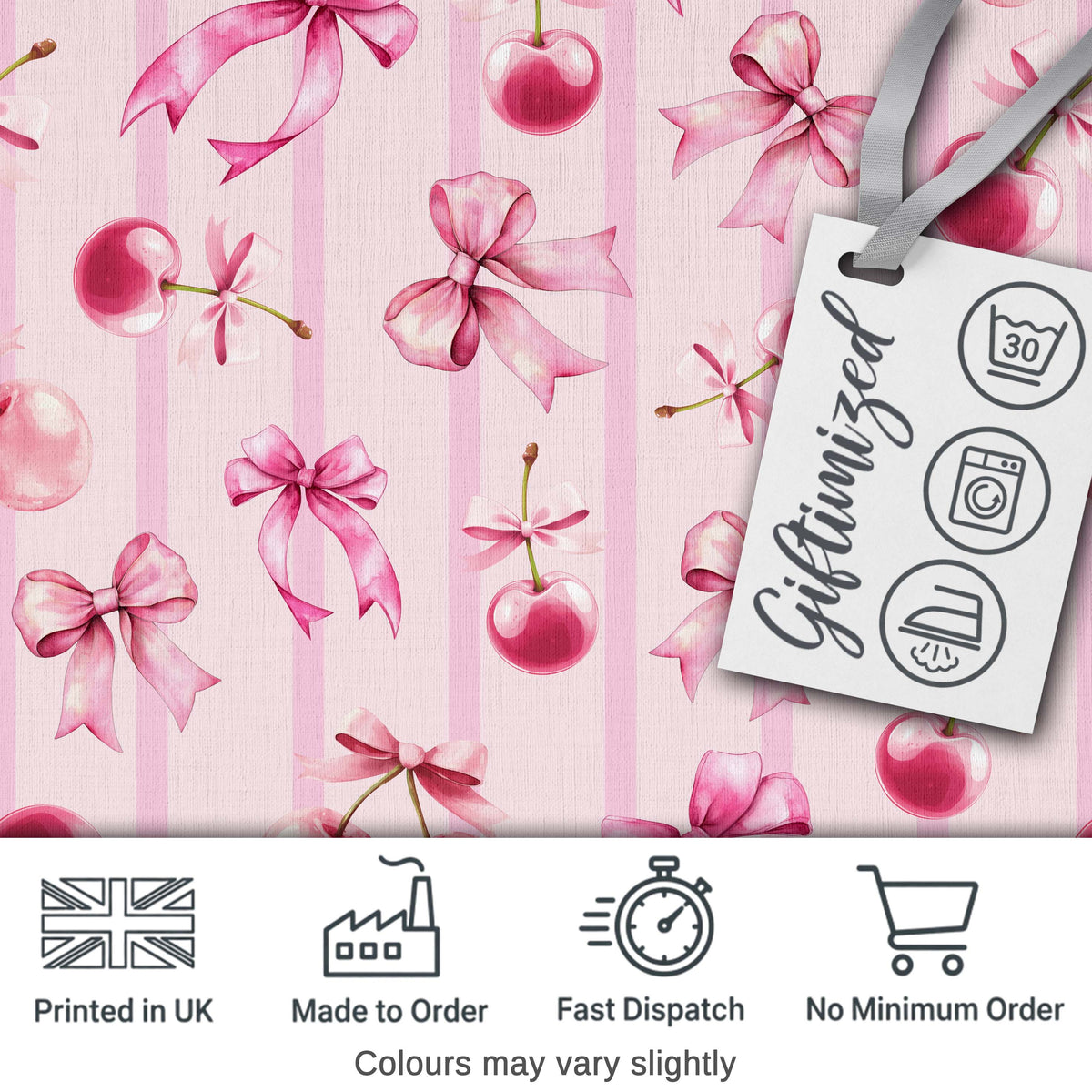 Cute Cherry Bow Daisy Heart Seamless on Mint and Pink Gingham Lovely Digital Print Material by the Metre UK Sewing Quilting Textile
