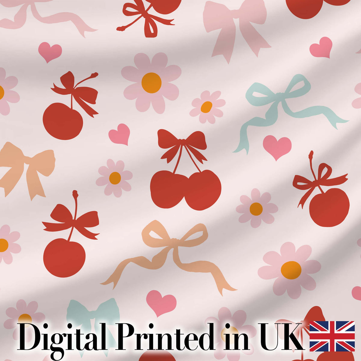 Cute Cherry Bow Daisy Heart Seamless Pattern on Soft Cream Lovely Digital Print Material by the Metre UK Sewing Quilting Textile