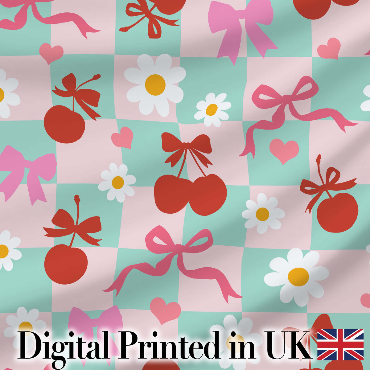 Cute Cherry Bow Daisy Heart Seamless Pattern on Light Blue Lovely Digital Print Material by the Metre UK Sewing Quilting Textile