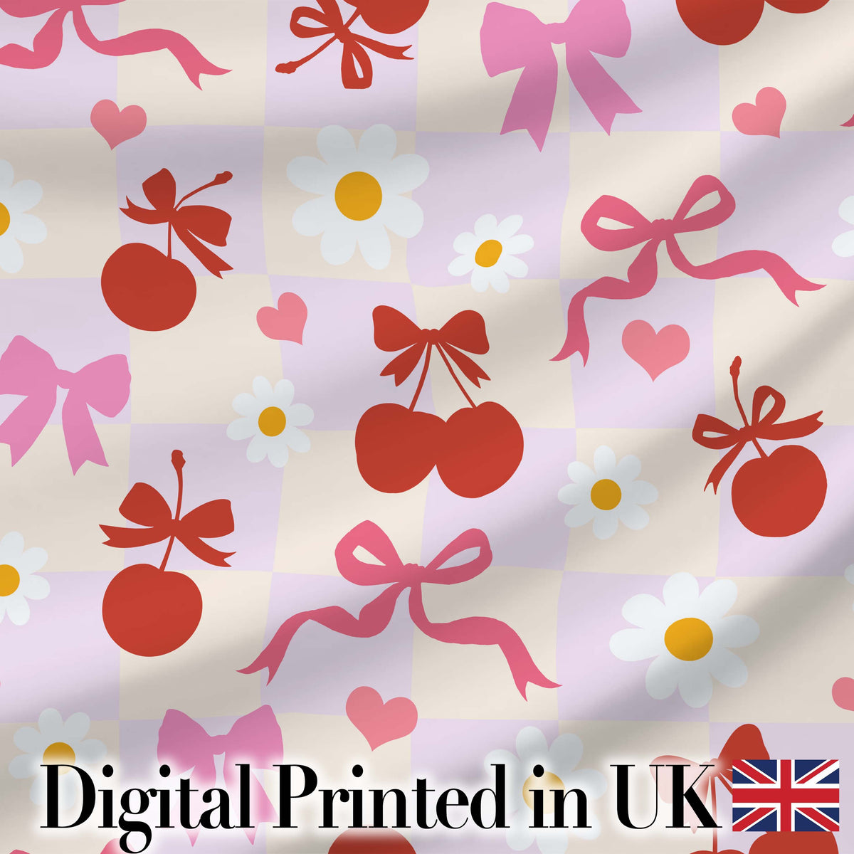 Cute Cherry Bow Daisy Heart with White Daisies on Grey Background Digital Print Material by the Metre UK Sewing Quilting Textile