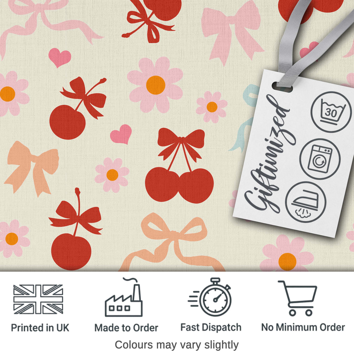 Cute Cherry Bow Heart with Yellow Floral Detail on Grey Background Digital Print Material by the Metre UK Sewing Quilting Textile