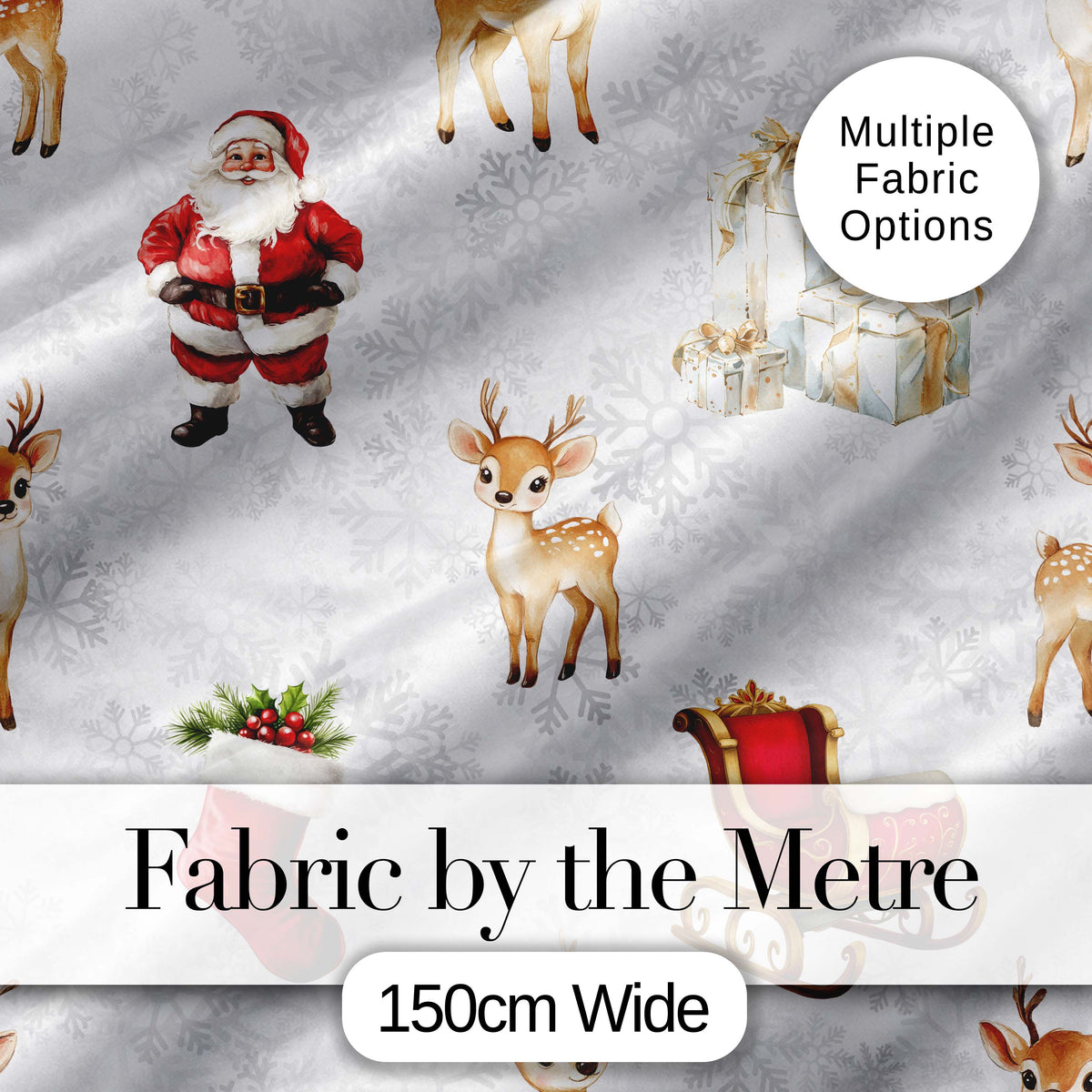 Cute Christmas Santa Reindeer Sleigh Gift Seamless Pattern Digital Print Fabric by the Metre UK Sewing Quilting Textile