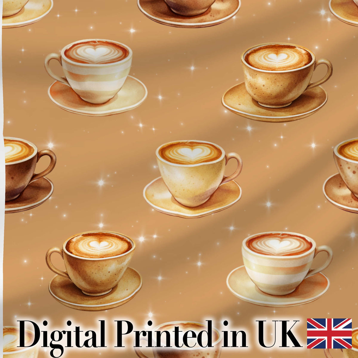 Coffee Latte Cappuccino Cup Seamless Pattern on Beige Background Digital Print Fabric by the Metre UK Sewing Quilting Textile