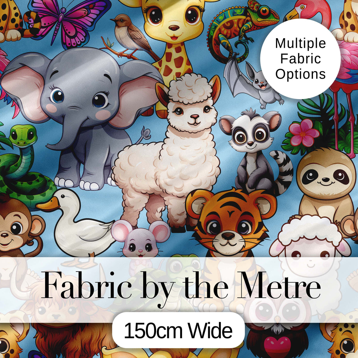 Cute Cartoon Jungle Safari Animals Seamless Pattern on Blue Background Digital Print Fabric by the Metre UK Sewing Quilting Textile