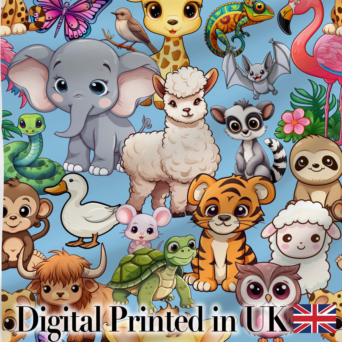Cute Cartoon Jungle Safari Animals Seamless Pattern on Blue Background Digital Print Fabric by the Metre UK Sewing Quilting Textile