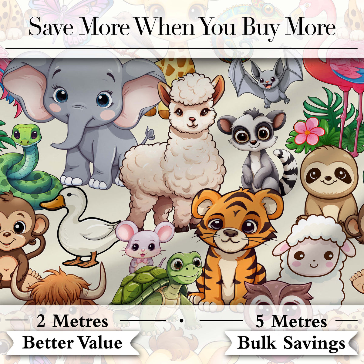 Cute Cartoon Jungle Safari Animals Seamless Pattern on Cream Background Digital Print Fabric by the Metre UK Sewing Quilting Textile